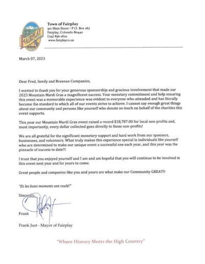 Letter of Appreciation by Frank Just, Mayor of Fairplay