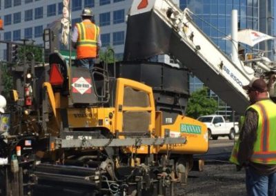 A construction crew operates machinery on a Denver, CO road to improve infrastructure development